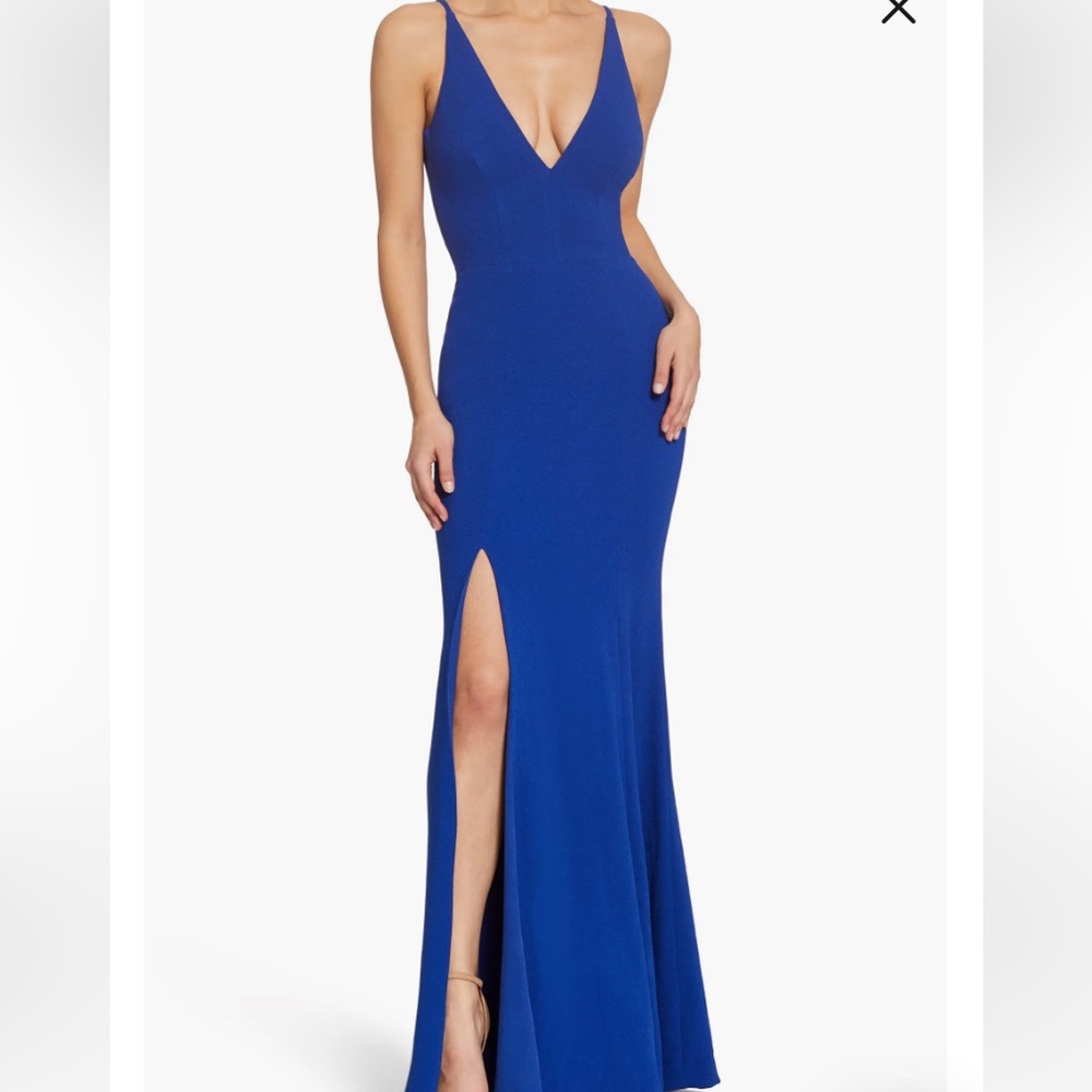 Dress the Population Iris Slit Crepe Gown in Cobalt Blue